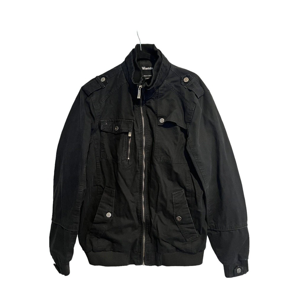 WANTDO Mens Military Jacket Black Cotton Coat Full Zip Flannel Lined Sz L